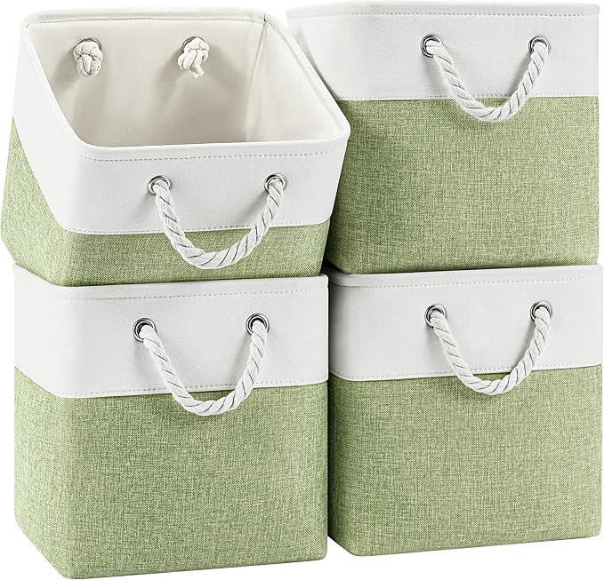 Patvingot 11 Inch Cube Storage Bins, 4 Pack Fabric Storage Cubes with Rope Handles, Organizer Baskets for Closet Shelves, Clothes and Home Organization(White/Green)