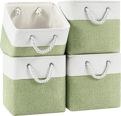 Patvingot 11 Inch Cube Storage Bins, 4 Pack Fabric Storage Cubes with Rope Handles, Organizer Baskets for Closet Shelves, Clothes and Home Organization(White/Green)