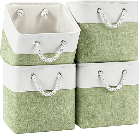 Patvingot 11 Inch Cube Storage Bins, 4 Pack Fabric Storage Cubes with Rope Handles, Organizer Baskets for Closet Shelves, Clothes and Home Organization(White/Green)