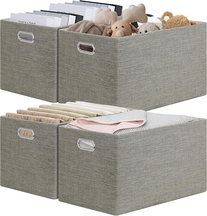 Posprica Closet Storage Bins, 4 Pack Large Closet Shelf Organizers, Linen Fabric Decorative Storage Baskets for Organizing, Foldable Storage Box for Clothes, Toy, 16.5x12x10.25 Inch-Coffee