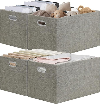 Posprica Closet Storage Bins, 4 Pack Large Closet Shelf Organizers, Linen Fabric Decorative Storage Baskets for Organizing, Foldable Storage Box for Clothes, Toy, 16.5x12x10.25 Inch-Coffee
