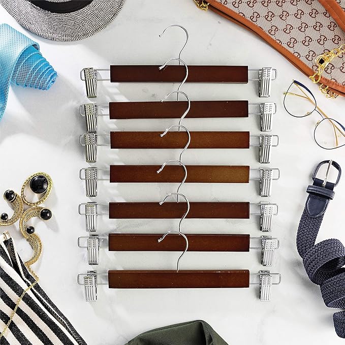 High-Grade Wooden Pants Hangers with Metal Clips Grip, Smooth Finish Solid Wood Jeans/Skirt Hanger, 360 Swivel Hook - Clip Hanger for Pant, Skirts, Slacks - 20 Pack, Vintage Wood