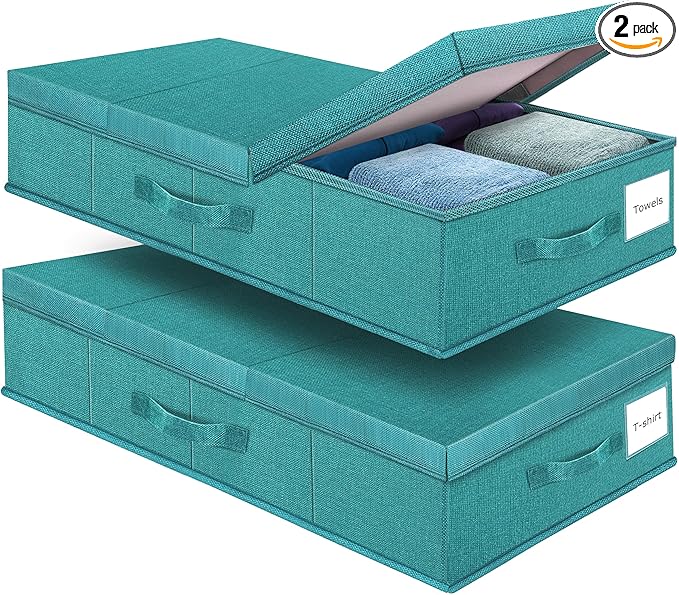 Supowin Underbed Storage Containers Bin with Lids (2pcs) Large Under Bed Storage Organizer Box with Handle, Foldable Under the Storage Bags for Organizing Clothes, Shoes, Blankets, Pillows-Cyan blue