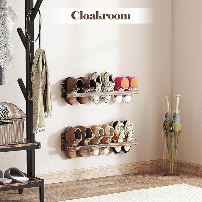 Nisorpa 2 Pcs Wall Mounted Shoe Rack Rustic Burnt Wood, Wall Hanging Shoe Rack Mounted, Shoes Storage Organizer Footwear Holder for Entryways Closet Mudroom Hallways, 30 Inch, Holds 3 Pairs