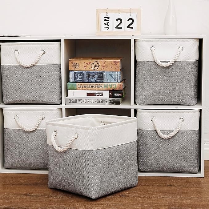 Cube Storage Bins, 6 Pack Collapsible Fabric Storage Cubes, 11 Inch Cube Organizer Bins with Handles (White/Gray)