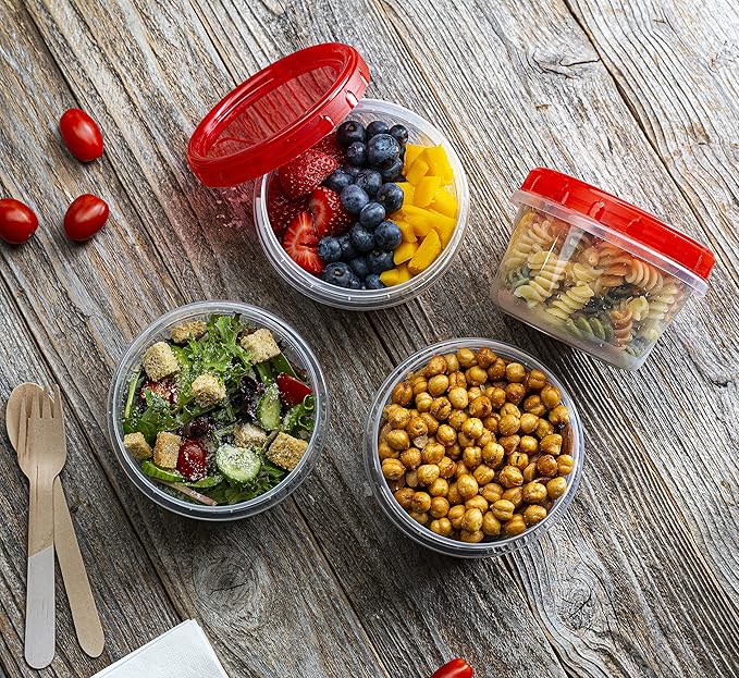 ELEGANT DISPOSABLES (16 Ounce 10 Pack) Twist cap Containers Clear Bottom With Red Top Screw on Lids Twist Top Food Storage Freezer Containers
