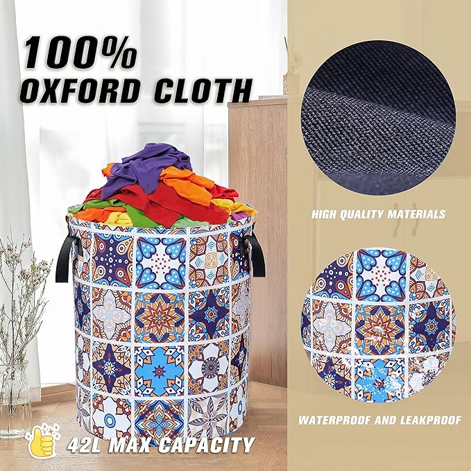Mexican Tiles Pattern Laundry Basket Mandala Flowers Foldable Oxford Cloth Funny Tote Bag Laundry Hamper Clothes Storage Bucket Toy Organizer For Bathroom/Laundry Storage/Bedroom 17.7x13.7