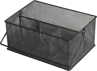 YBM HOME Mesh Basket Utensil Holder & Picnic Silverware Caddy Organizer with Four Compartments and Napkin Storage, Black
