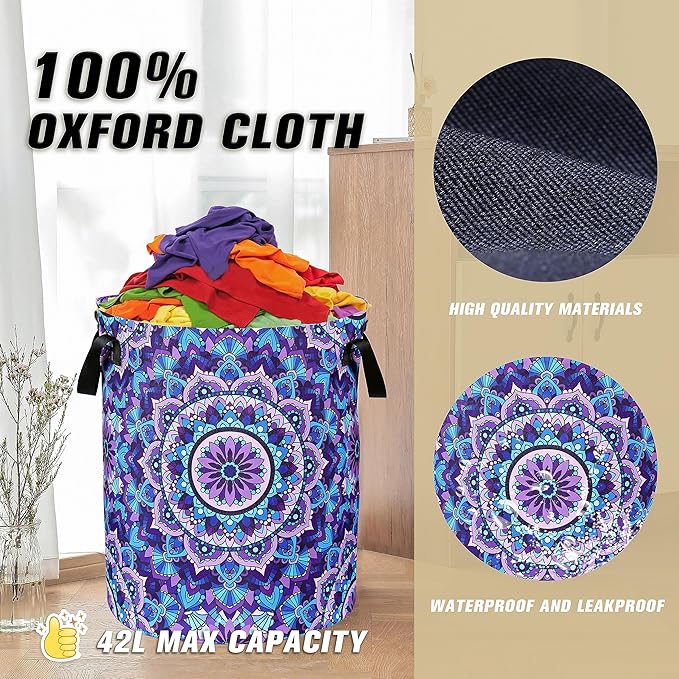 Mandala Laundry Basket Beautiful Flowers Foldable Oxford Cloth Funny Tote Bag Laundry Hamper Clothes Storage Bucket Organizer For Bathroom/Laundry Storage/Bedroom 17.7x13.7 Inch