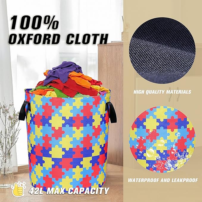 Autism Awareness Laundry Basket Colorful Puzzle Foldable Oxford Cloth Funny Tote Bag Laundry Hamper Clothes Storage Bucket Organizer For Bathroom/Laundry Storage/Bedroom 17.7x13.7 Inch