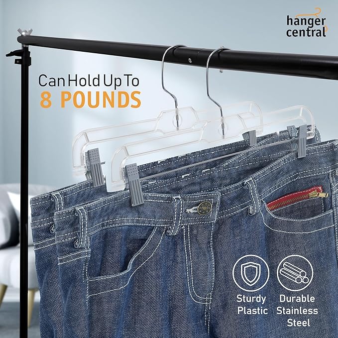 Premium 14 Inch Clear Pants Hangers with Adjustable Clips - 12 Pack Space-Saving Skirt Hangers - Non-Slip Heavy Duty Plastic Closet Organizers with 360° Swivel Hook