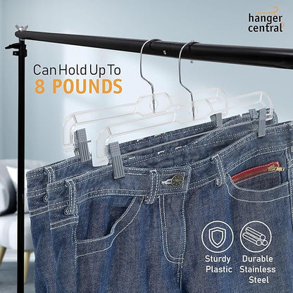 Premium 14 Inch Clear Pants Hangers with Adjustable Clips - 12 Pack Space-Saving Skirt Hangers - Non-Slip Heavy Duty Plastic Closet Organizers with 360° Swivel Hook