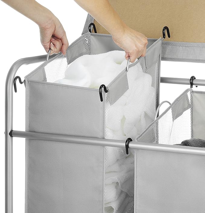 Whitmor 3 Section Rolling Laundry Sorter with Folding Station - Ironing Board, Chrome / Gray