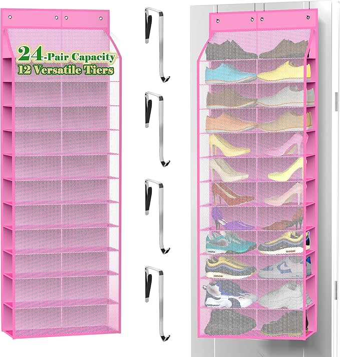 Kotkn 24-Pair Over Door Shoe Organizer for Family & Kids, Double Sided | Hanging Storage for Sneakers, Boots, Toys & Room OrganizationRose Quartz